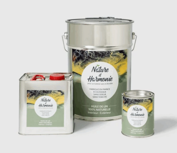 3 pots huile de lin pour finition bois, vendus par Natur'Ologis, magasin revendeur à Brunstatt-Mulhouse